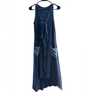 Satin-Trim Maxi Sleeveless Dress Vneck w Front Pockets Dark Grey Size 4/6